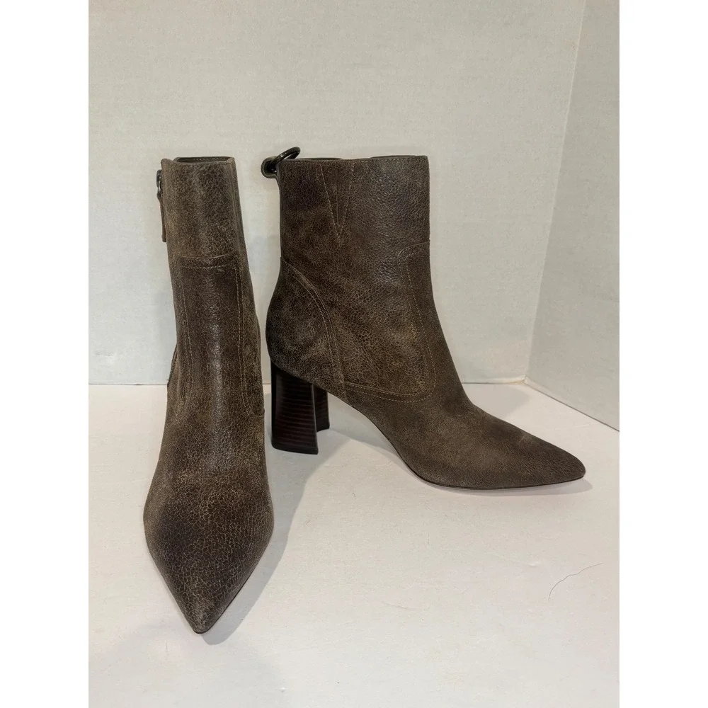PAIGE Callen Ankle Boots Womens 9.5 Brown Distressed Leather Pointed Toe Zip
